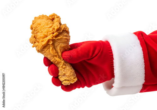 Closeup Hand hold fried chicken in Santa Claus cloth on transparent background 