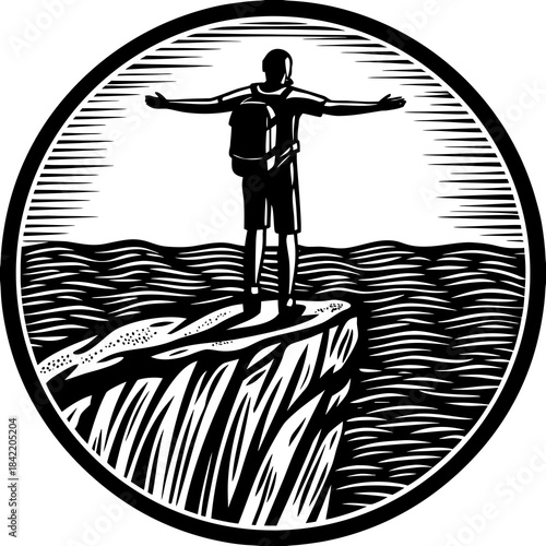 Journey to the Horizon: A solo traveler, arms outstretched, stands at the edge of a cliff, gazing at the endless sea and sky, symbolizing freedom and the human spirit's boundless quest for adventure.