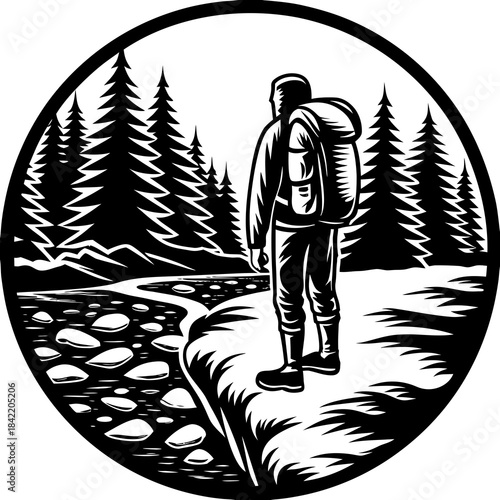 Journey's Horizon: Silhouette of an avid explorer, perched on a precipice, gazing at a breathtaking wilderness with a blend of anticipation and reverence.  