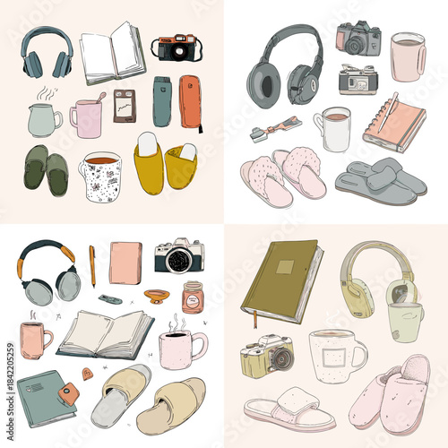 Daily essentials illustration set with headphones camera notebook mug and slippers. Perfect for lifestyle content creative work routines productivity themes and modern branding.