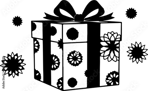 Festive gift box with floral pattern and scattered snowflakes