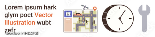 Navigation, repair services, time management, urban planning, transportation, tools. Map with vehicles and roads, clock wrench. Navigation and repair services theme