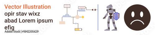 Robotics, innovation, automation, workflow processes, emotional interaction, machine learning. Diagram of system process, robot and sad face. Robotics and innovation