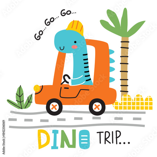 Dinosaur driving car on road trip with excitement illustration. Kids transportation concept
