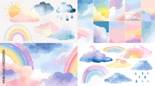 Soft watercolor rainbow and cloud background collection in pastel tones. Ideal for nursery decor kids projects dreamy designs and cheerful background illustrations.