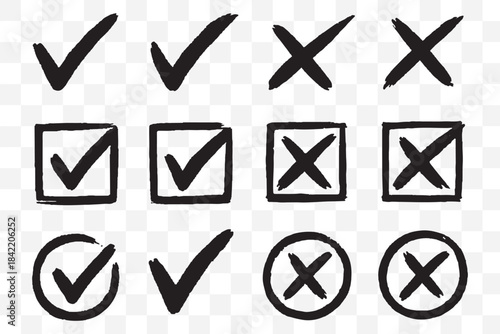 Brush, marker drawn check mark and cross icon set Collection of hand drawn drawn tick symbol, chalk checkmark illustration. Check mark grunge icon set. Hand drawn check tick mark icon set. x marks set