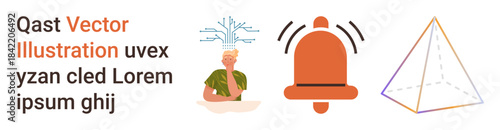 Cognitive processes, alert notifications, learning, creativity, danger awareness, educational tools. Abstract person with digital brain, alarm bell geometric prism. Cognitive processes and alert