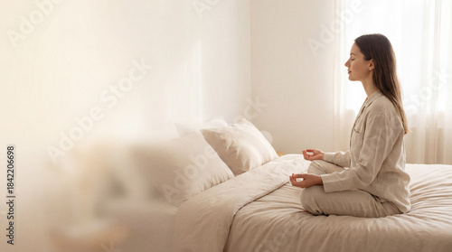 Young woman practices meditation on bed, morning meditation ritual in soft light, meditation supporting calm mind and inner balance, perfect for mental health day or mindfulness campaign, cozy theme