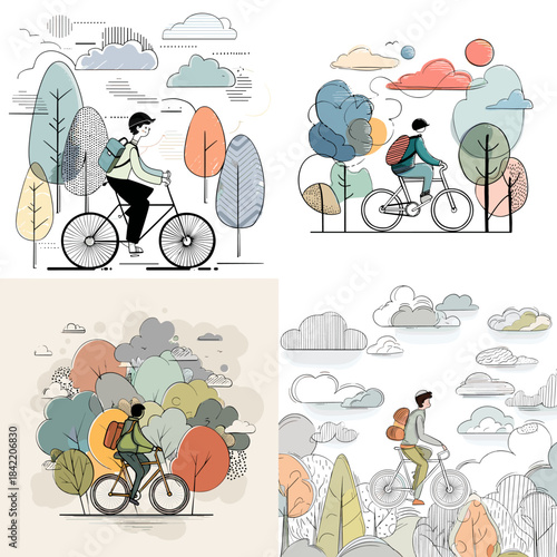 People riding bicycles in a colorful nature landscape illustration. Perfect for active lifestyle themes outdoor adventure travel posters and healthy living design projects.
