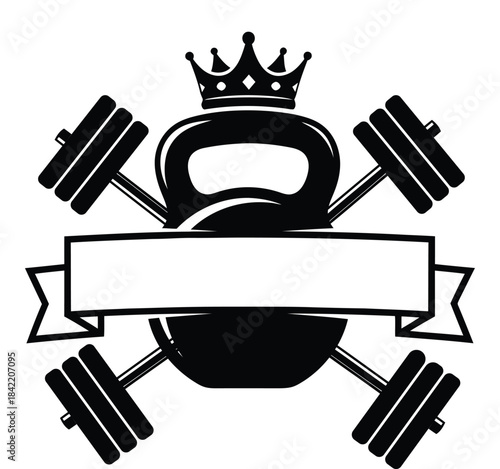 Kettlebell and dumbbell fitness emblem with crown
