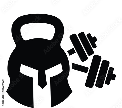 Kettlebell and dumbbell with spartan helmet silhouette