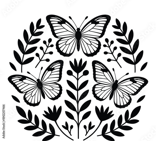 Beautiful butterflies surrounded by leaves in black and white