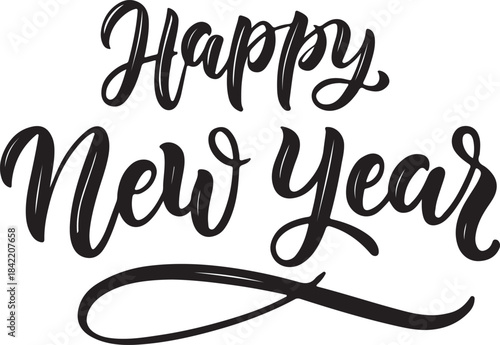 Vibrant magenta and deep pink cursive “Happy New Year” typography on clean white background, elegant modern script design with festive celebratory energy