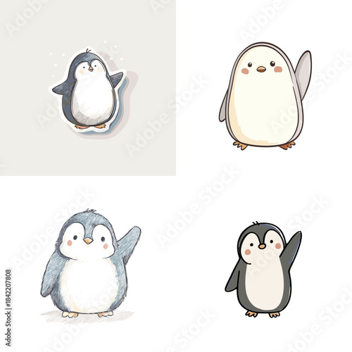Cute penguin character collection in soft pastel cartoon style. Ideal for kids education nursery art winter themes and playful animal illustrations.
