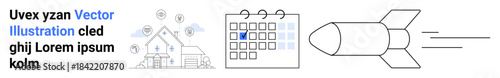 Innovation, technology deadlines, progress tracking, home security, speed improvement, mission planning. Minimalist rocket, calendar and secure home icons. Innovation and technology deadlines