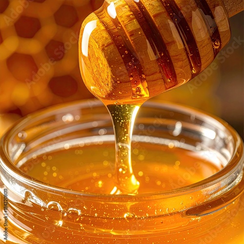 Wallpaper Mural Honey dripping from a wooden dipper into a glass jar Torontodigital.ca