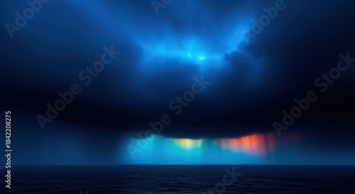 A terrifying deep blue and black sky hangs over a menacing, dark ocean. The blurry texture emphasizes the feeling of dread and unsettling mystery, wallpaper, dark, abstract