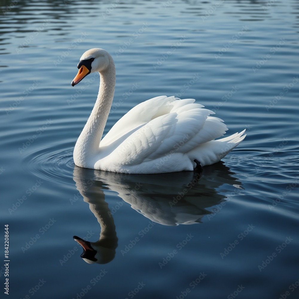 Naklejka premium Swan Gliding on Calm Reflective Lake