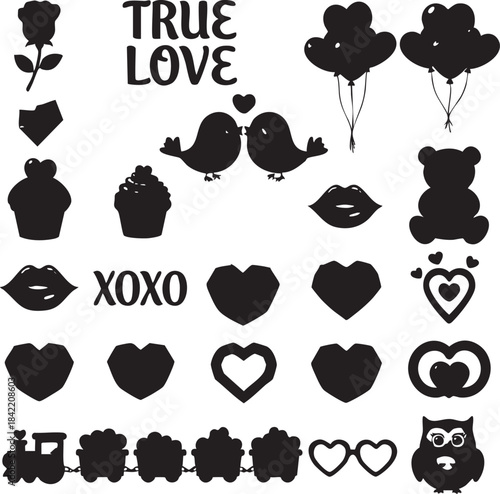 Valentine’s Day Love Icons Collection with Hearts, Lips, Birds, and Symbols