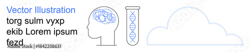 Neuroscience, biotechnology, cloud computing, data storage, innovation, genetics. Outline of a human head with a brain, a DNA helix and a cloud. Neuroscience and biotechnology
