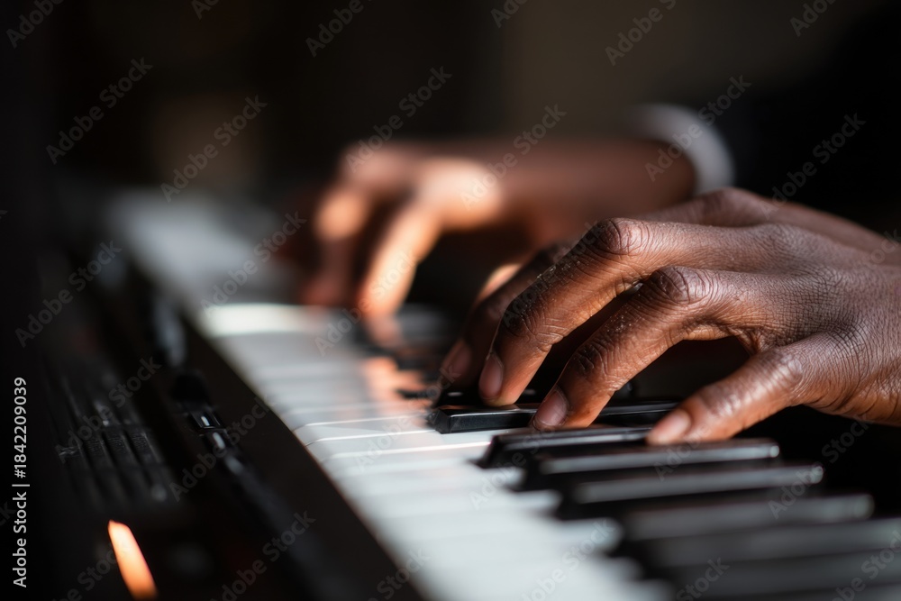 Fototapeta premium Male musician creates music using a midi keyboard and laptop during recording session in a cozy studio environment