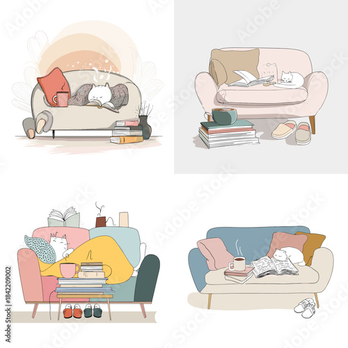 Cute cozy living room illustration with cat sleeping on sofa pillows books and soft decor. Ideal for home lifestyle prints nursery art and warm interior design visuals.