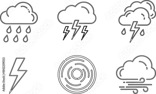Weather icons set in outline style . Rainy, storm, snow, cloudy, sunny, windy, day, night, summer, winter, line, label and more 