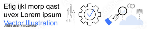 Data processing, cloud computing, technology innovation, business analytics, network solutions, quality control. Gear with checkmark, magnifying glass on data and cloud icon. Data processing