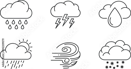 Weather icons set in outline style . Rainy, storm, snow, cloudy, sunny, windy, day, night, summer, winter, line, label and more 