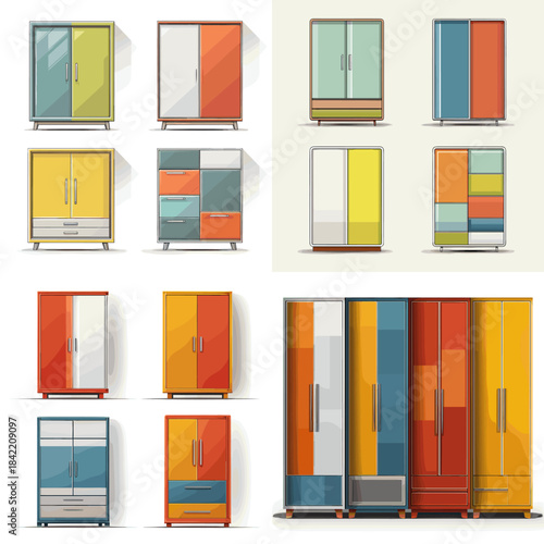 Modern wardrobe and closet furniture collection in colorful minimalist style. Ideal for interior planning home storage concepts branding and lifestyle design visuals.