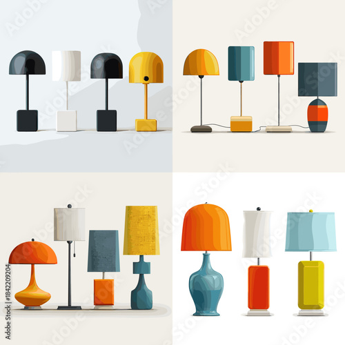 Modern table lamp collection in bold pastel colors and clean shapes. Ideal for interior lighting concepts home decor branding and contemporary design presentations.