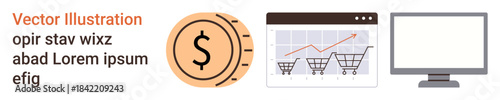 E-commerce, financial growth, online shopping, business analytics, digital economy, web interface. Includes rising chart, shopping carts currency icon and computer monitor. E-commerce and financial