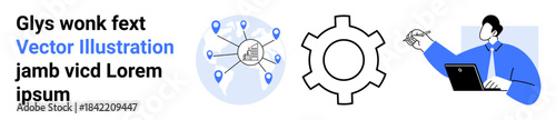 Network with location points, gear for process concepts, and person using laptop in abstract modern style. Ideal for technology, workflow, collaboration, remote work, globalization, productivity