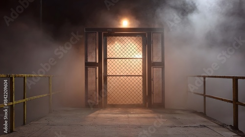 Mysterious industrial platform at night with fog obscuring a caged entrance