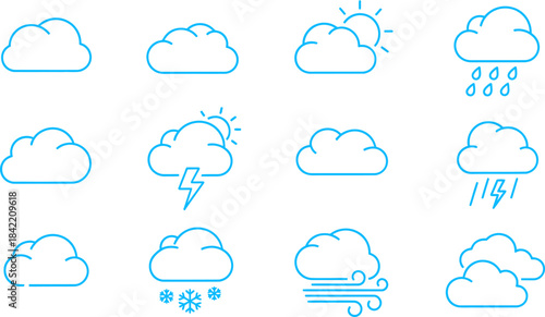 Weather icons set in outline style . Rainy, storm, snow, cloudy, sunny, windy, day, night, summer, winter, line, label and more 