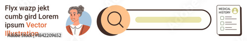 Medical records management, healthcare search tools, patient data access, health monitoring, digital healthcare, data organization. Person profile, search bar medical history document. Medical