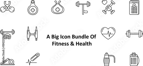 A collection of Fitness and healthy lifestyle web icons set, strength, health, wellness, cardiovascular, muscle and more