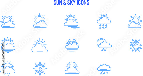Weather icons set in outline style . Rainy, storm, snow, cloudy, sunny, windy, day, night, summer, winter, line, label and more 