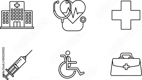 Healthcare set of web icons in outline style Containing healthcare, doctor, hospital, medical services, vaccine, hygiene, healthy lifestyle, health awareness and more.