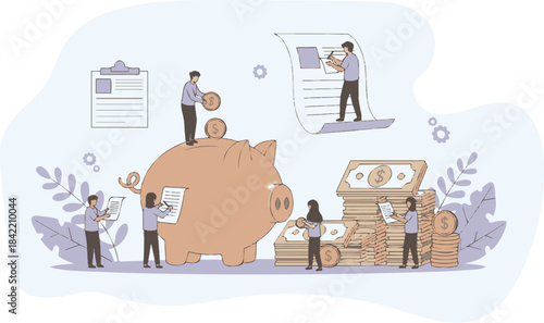 People saving money in a piggy bank with stacks of cash.