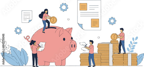 People saving money in a piggy bank and stacks of coins.