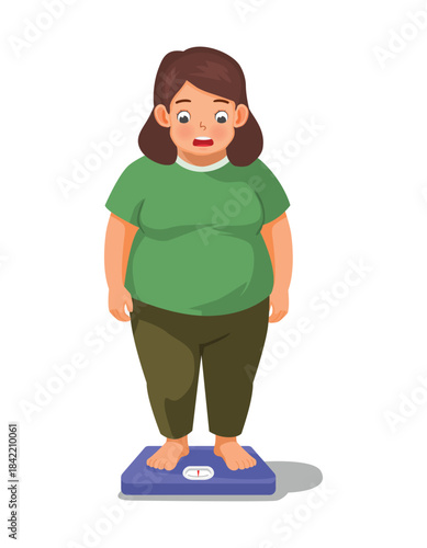Overweight woman standing on weight scale surprised with her weight gain 