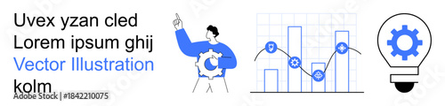 Data visualization, process automation, business innovation, technology development, productivity, AI applications. Charts, graphs a person holding a gear and a lightbulb with a gear. Data