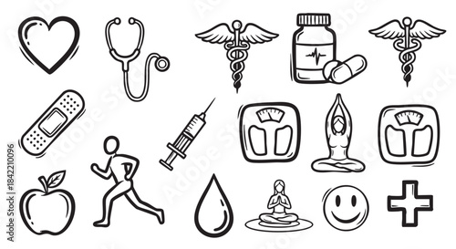 Black and white doodles of medical and healthy living icons