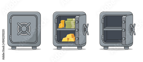 Set of metal safe boxes with closed door, opened door with gold bars and bank notes, empty vault storage
