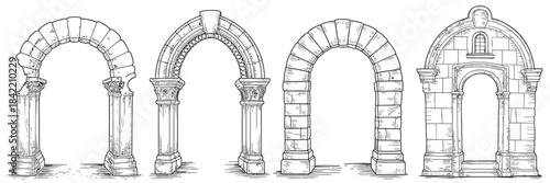 Stone Arch Frame Illustration Featuring Fantasy Portal Doorway And Medieval Ruin Architecture In Detailed Engraved Ink Style