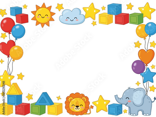 Colorful illustration of children's toys and animals in a playful setting with balloons and stars