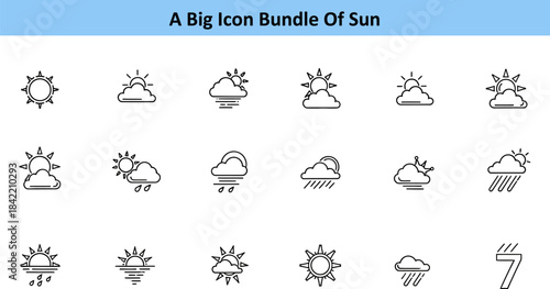 Weather icons set in outline style . Rainy, storm, snow, cloudy, sunny, windy, day, night, summer, winter, line, label and more 