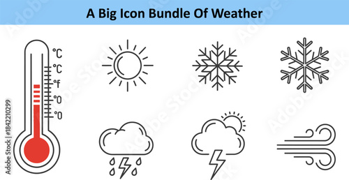 Weather icons set in outline style . Rainy, storm, snow, cloudy, sunny, windy, day, night, summer, winter, line, label and more 
