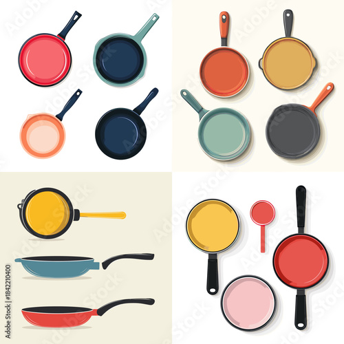 Colorful frying pan and skillet illustration collection with top and side views ideal for cooking education kitchen branding recipe graphics and culinary design projects.
